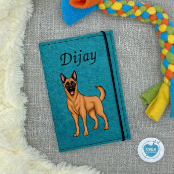 Designbeispiel der Impfpasshülle türkis meliert für die Hunderasse Malinois mahagoni